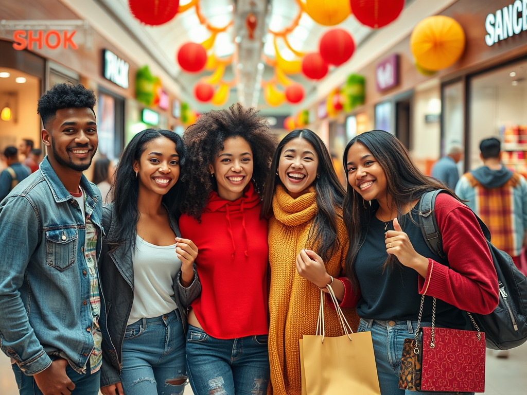 A group of five young adults smile together in a colorful shopping mall decorated with lanterns.