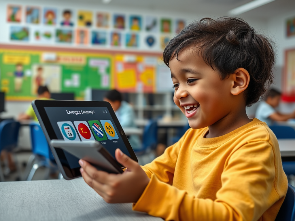 A joyful young boy in a yellow shirt smiles as he uses a tablet in a classroom filled with colorful educational posters.