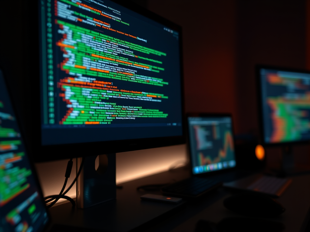 A dimly lit workspace with multiple monitors displaying colorful lines of code and data analysis.