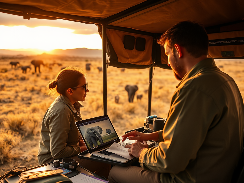 A man and a woman discuss wildlife on a laptop, with elephants grazing in the sunset background.