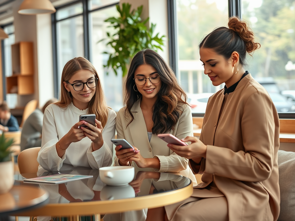 Three women with smartphones sit together at a cafe, engaged in conversation and using their devices.