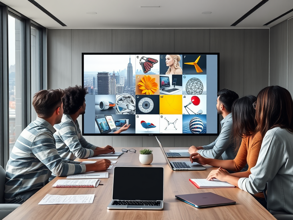 A group of professionals in a conference room watching a presentation on a large screen with various images.