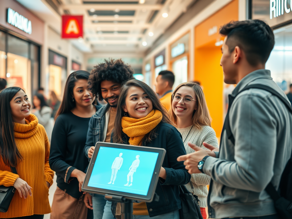 A group of six young adults smiles and interacts with a digital screen in a shopping mall.