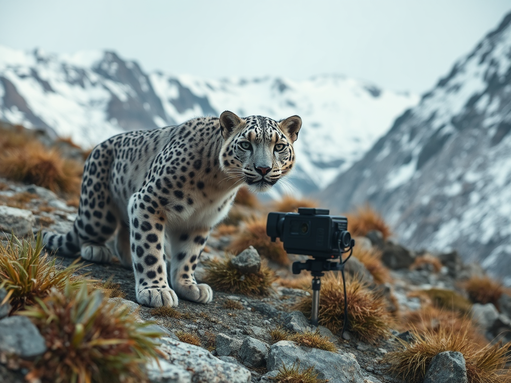 A snow leopard sits on rocky terrain, observing a camera positioned nearby, with snowy mountains in the background.