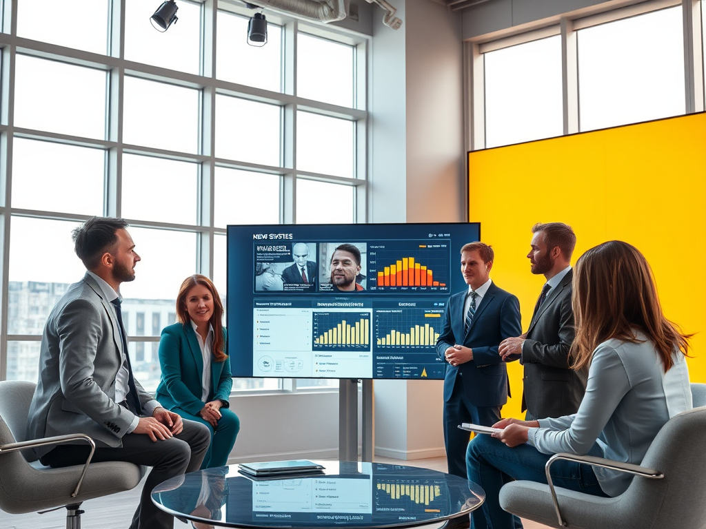 A group of professionals in business attire discusses presentation data displayed on a screen in a modern meeting room.