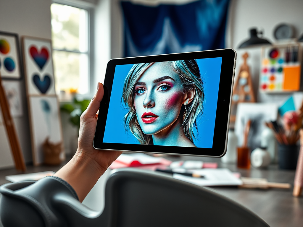 A hand holds a tablet displaying a striking portrait of a woman with vibrant makeup in an artistic workspace.