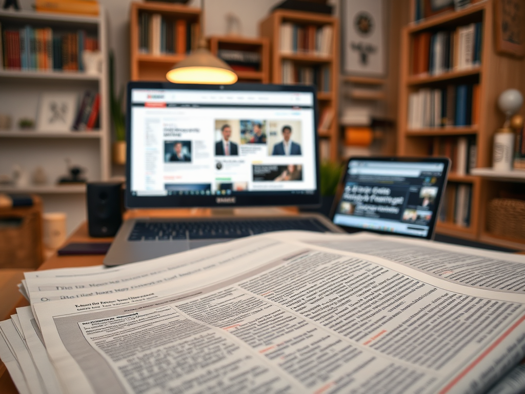 A workspace with newspapers in the foreground and laptops displaying news websites in a cozy room filled with books.