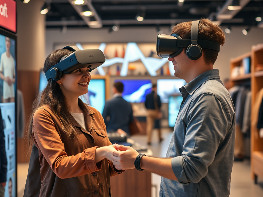 Two people wearing virtual reality headsets smile and hold hands in a technology store, surrounded by digital displays.