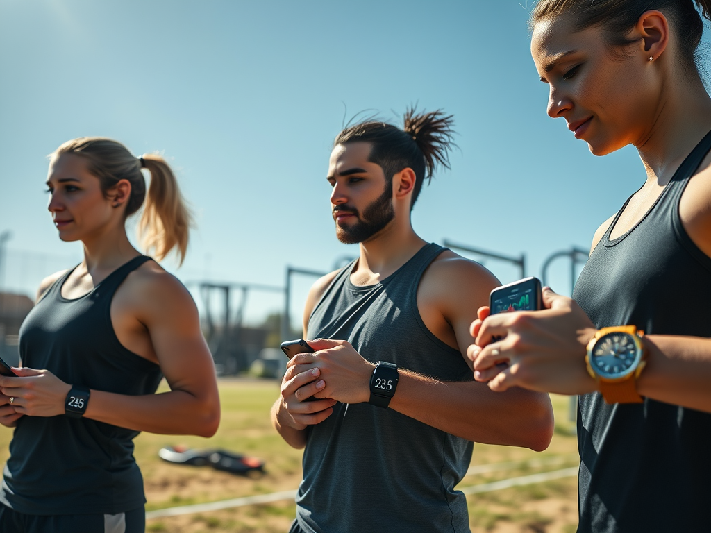 Three athletes in workout gear check their smartwatches and phones, ready for a training session in sunny weather.