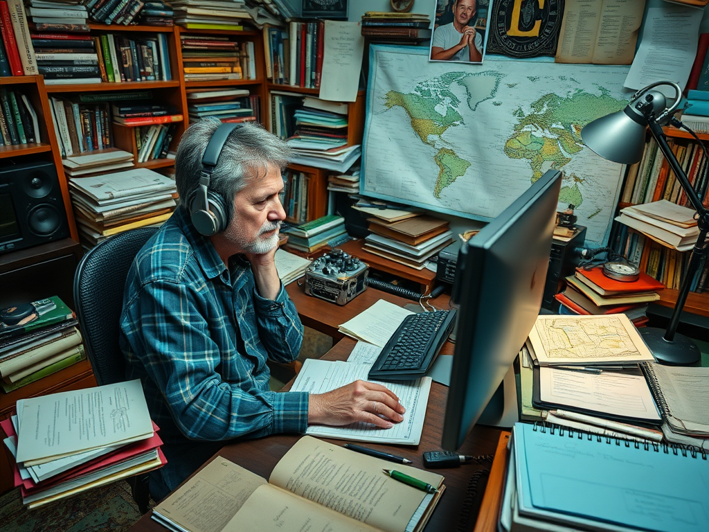 A man with headphones sitting at a desk, focused on a computer surrounded by books and papers. A world map is visible.