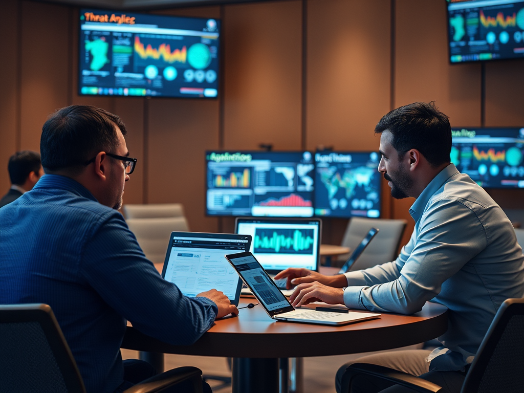 Two professionals collaborate at a table with laptops, analyzing data displayed on multiple screens in a modern office.