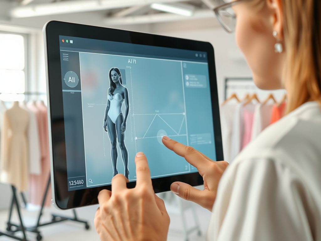 A person interacts with a tablet displaying a digital model for garment fitting in a clothing store.