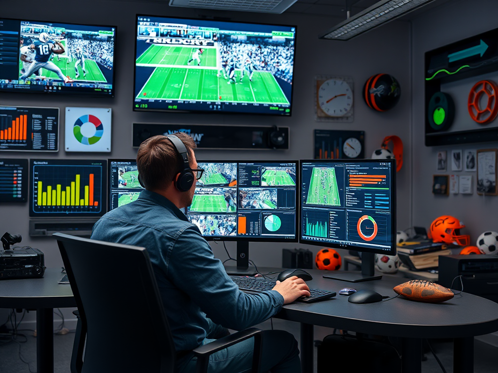 A person wearing headphones monitors multiple screens displaying sports data and statistics in a control room.