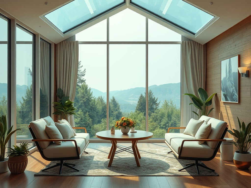 A cozy living room with large windows, featuring two armchairs, a round table, and a view of mountains and trees outside.