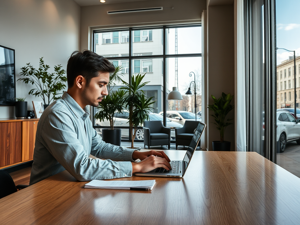 A young man working on a laptop at a bright, modern workspace with plants and large windows.