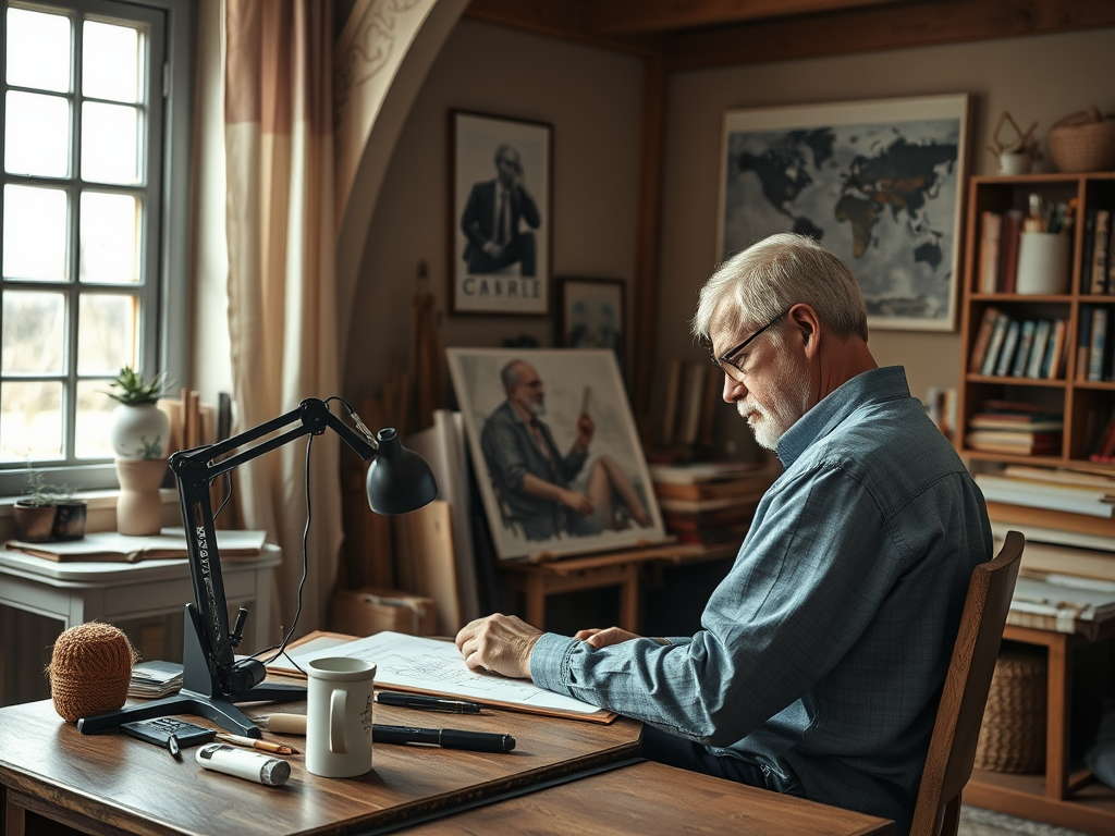 An older man sketches at a cluttered desk in a cozy art studio, surrounded by books and artwork.