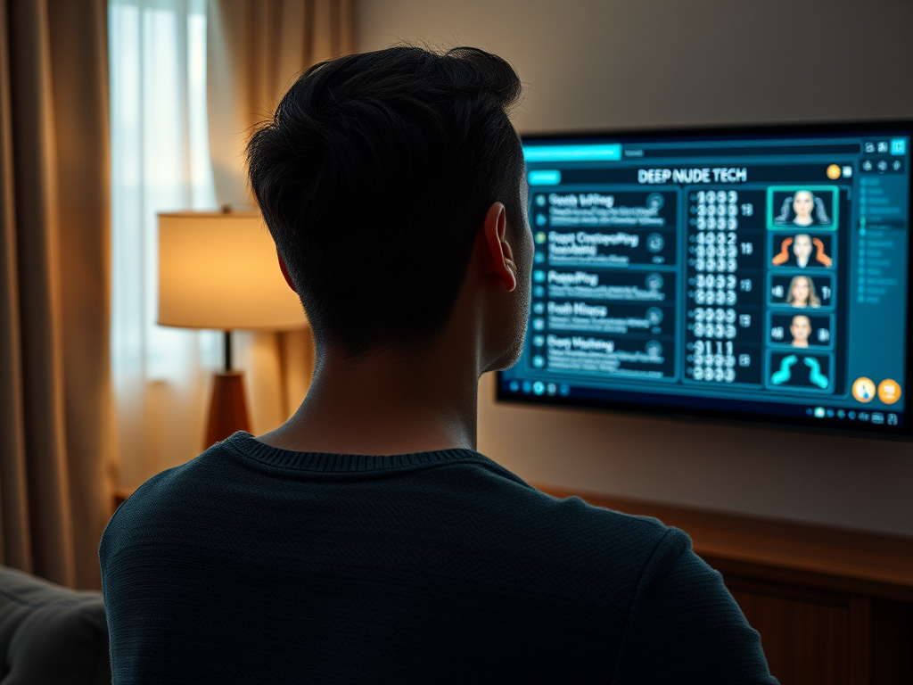 A person sits on a couch, facing a TV displaying digital software with various options related to editing images.