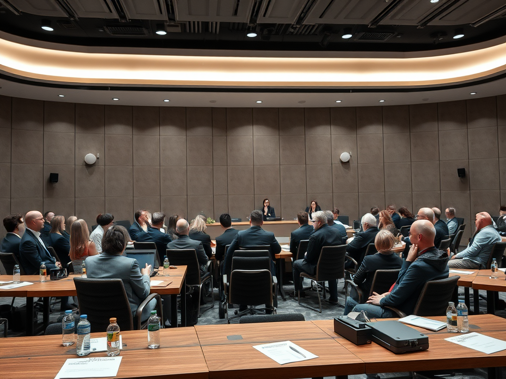 A conference room filled with attendees listening to two speakers at the front, engaged in discussion.