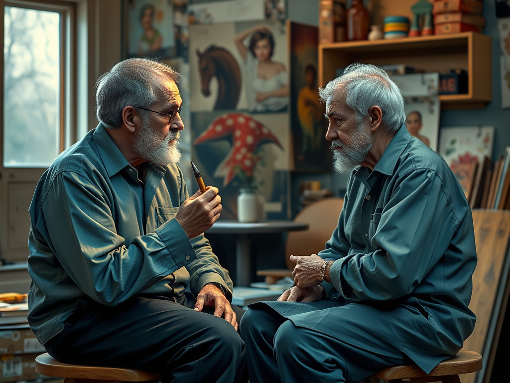 Two elderly men in blue shirts sit facing each other, engaged in a thoughtful conversation in a cozy studio.