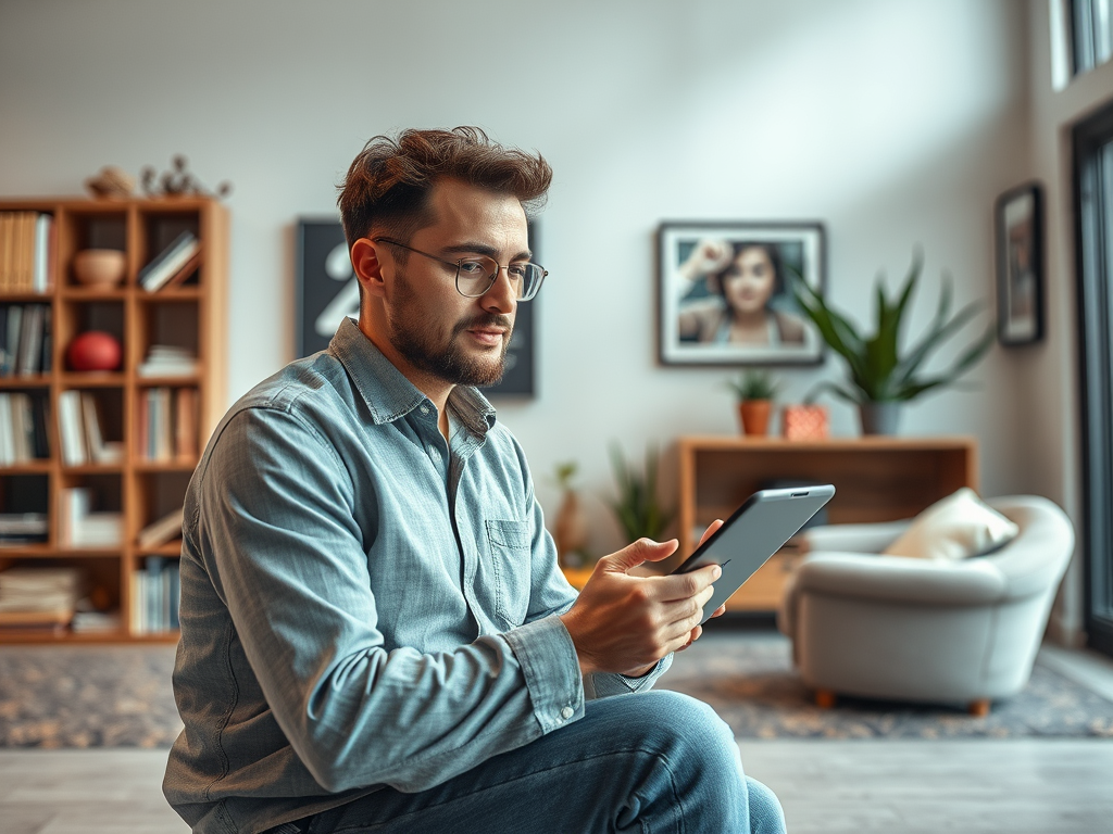 A young man in a blue shirt sits on the floor, looking at a tablet in a cozy, well-decorated living room.