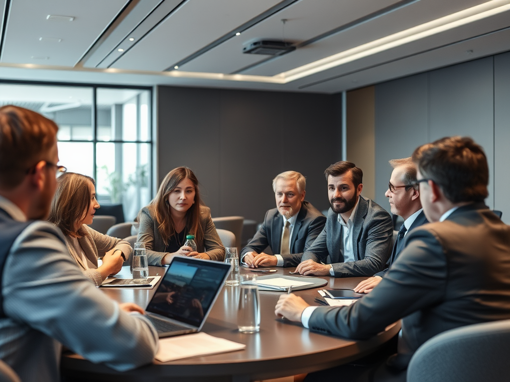 A group of six business professionals engaged in discussion around a conference table with laptops and documents.