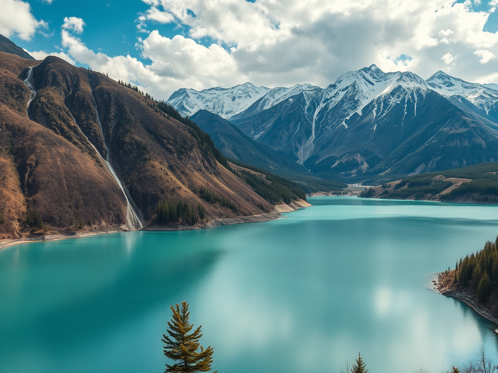 A tranquil lake surrounded by mountains, featuring clear turquoise water and a backdrop of snow-capped peaks.