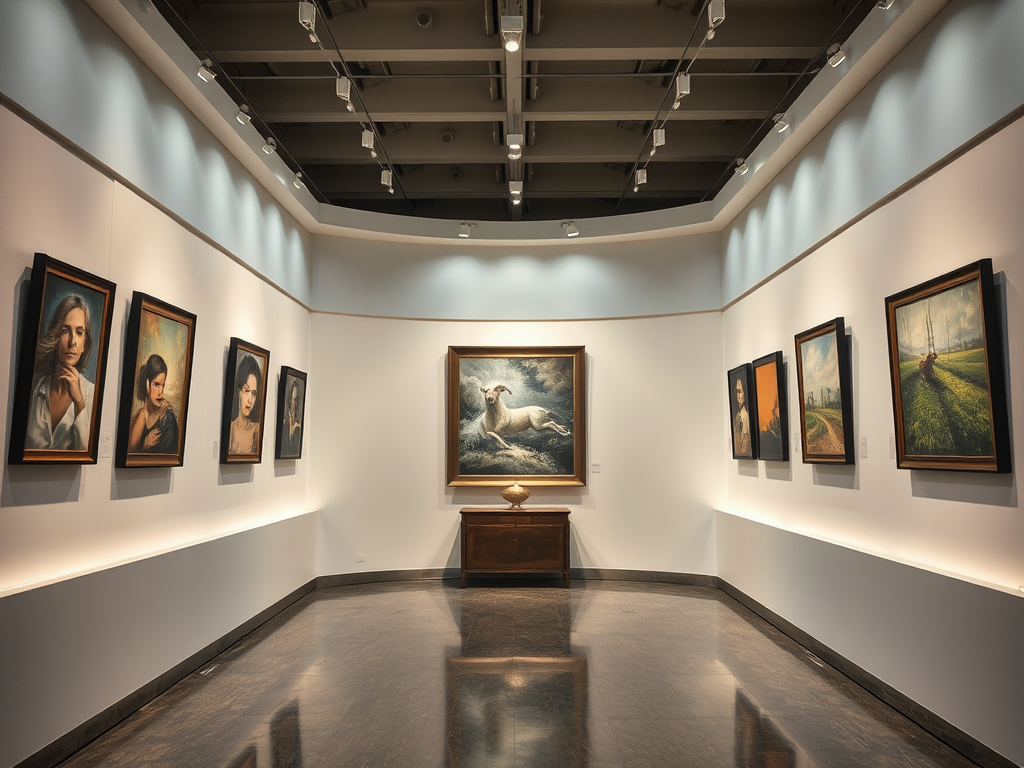 A gallery interior showcasing various framed portraits and landscape artworks, with soft lighting and polished floors.