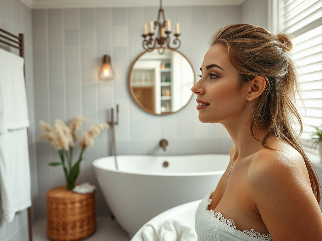 A woman in a bathroom smiles serenely, with a freestanding tub and plants in the background, capturing a tranquil moment.