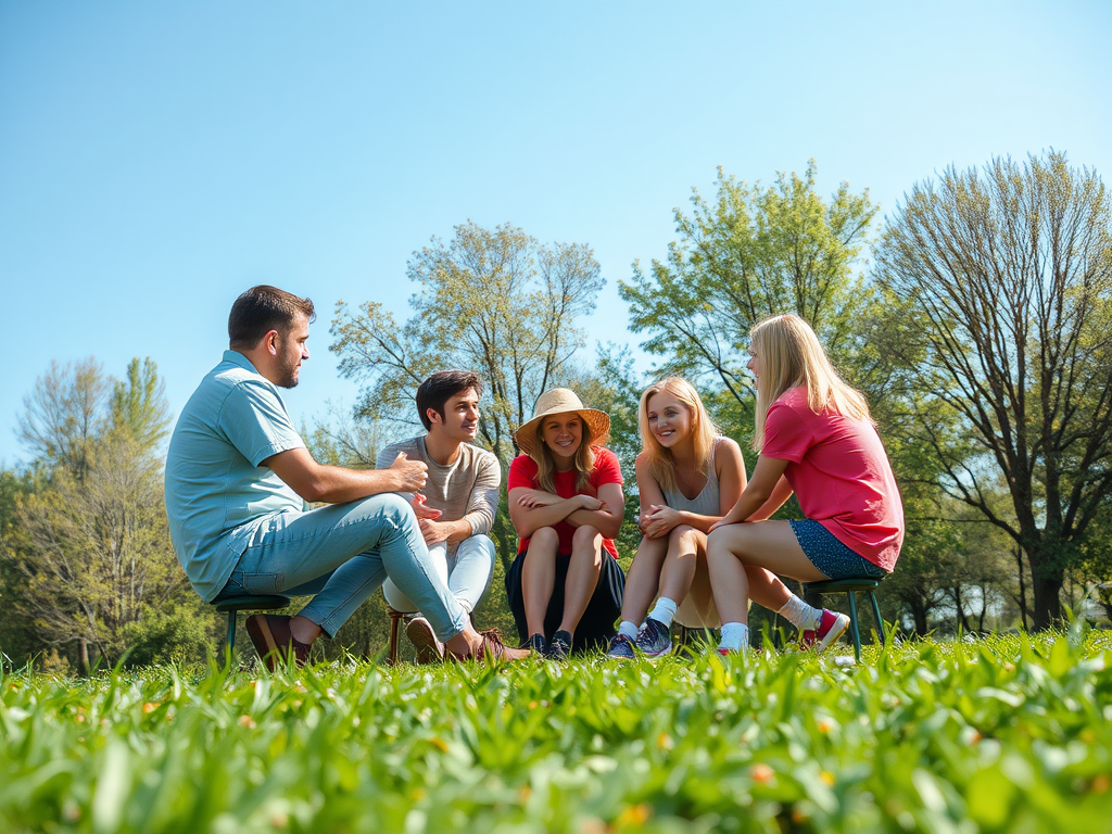 A group of five young people sitting on chairs in a sunny park, laughing and enjoying their time together.