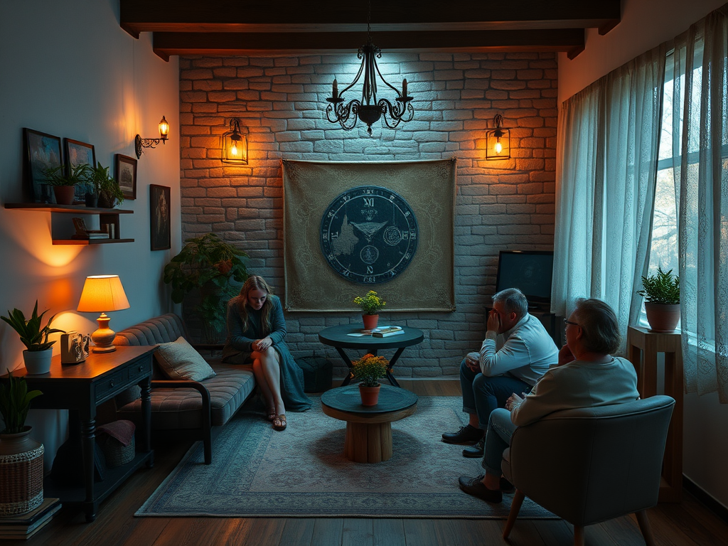 A cozy living room with a woman sitting thoughtfully, while two others observe, surrounded by warm lighting and plants.