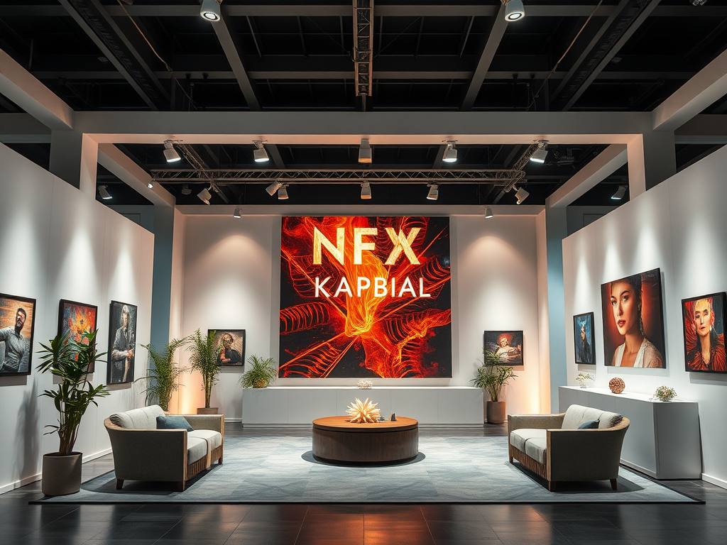 A modern exhibition space showcasing artwork, featuring the words "NFX KAPBIAL" on a vibrant backdrop.