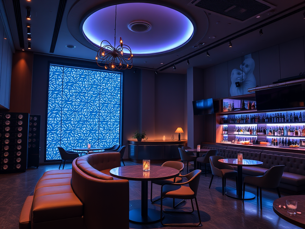 A stylish lounge with blue lighting, modern furniture, and a bar stocked with drinks against an illuminated backdrop.