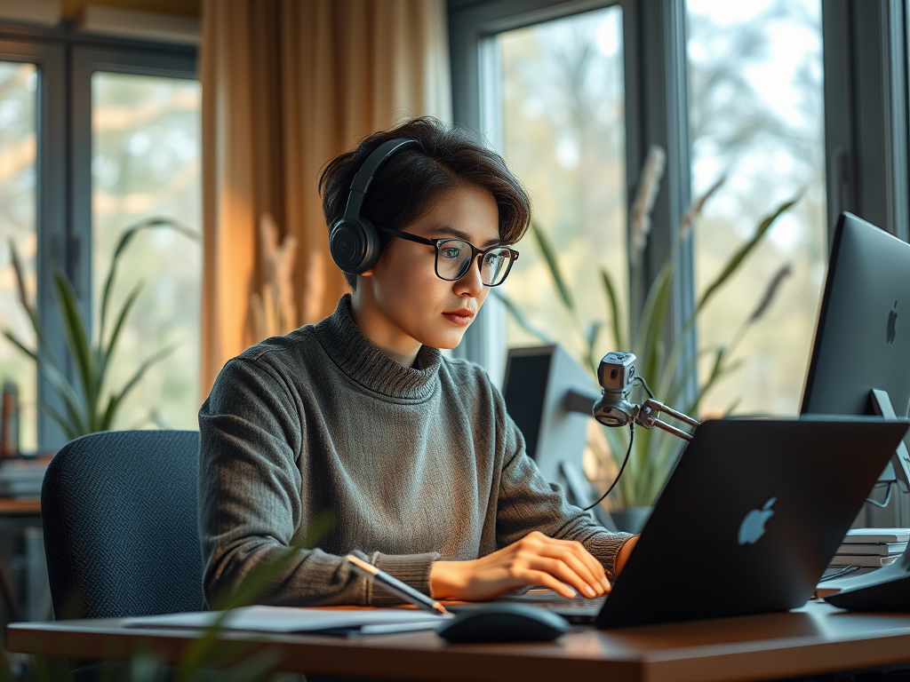 A focused person wearing headphones and glasses works on a laptop in an office with plants and natural light.