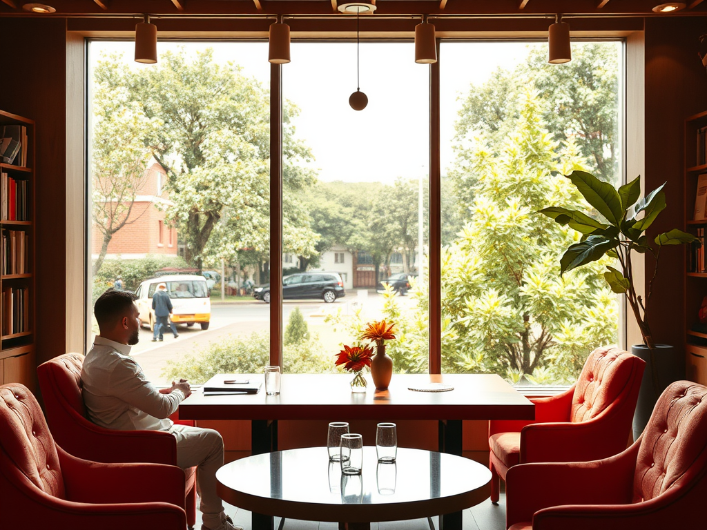 A man sits at a table in a cozy interior, looking out through a large window at a sunny street scene.